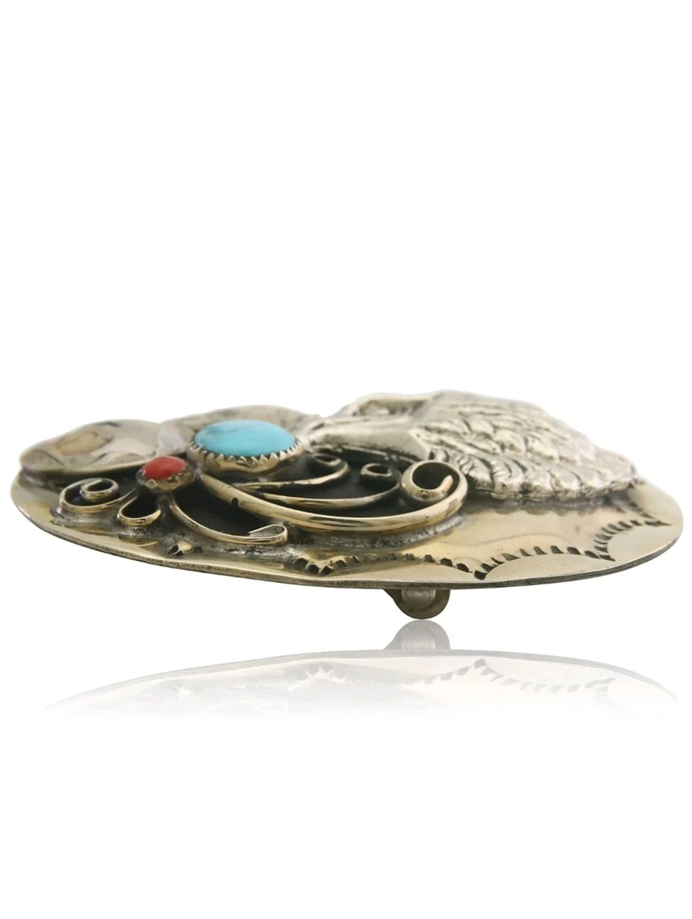 Navajo Silver Belt Buckle .999 Nickel Buffalo Geniune Gemstone Handmade